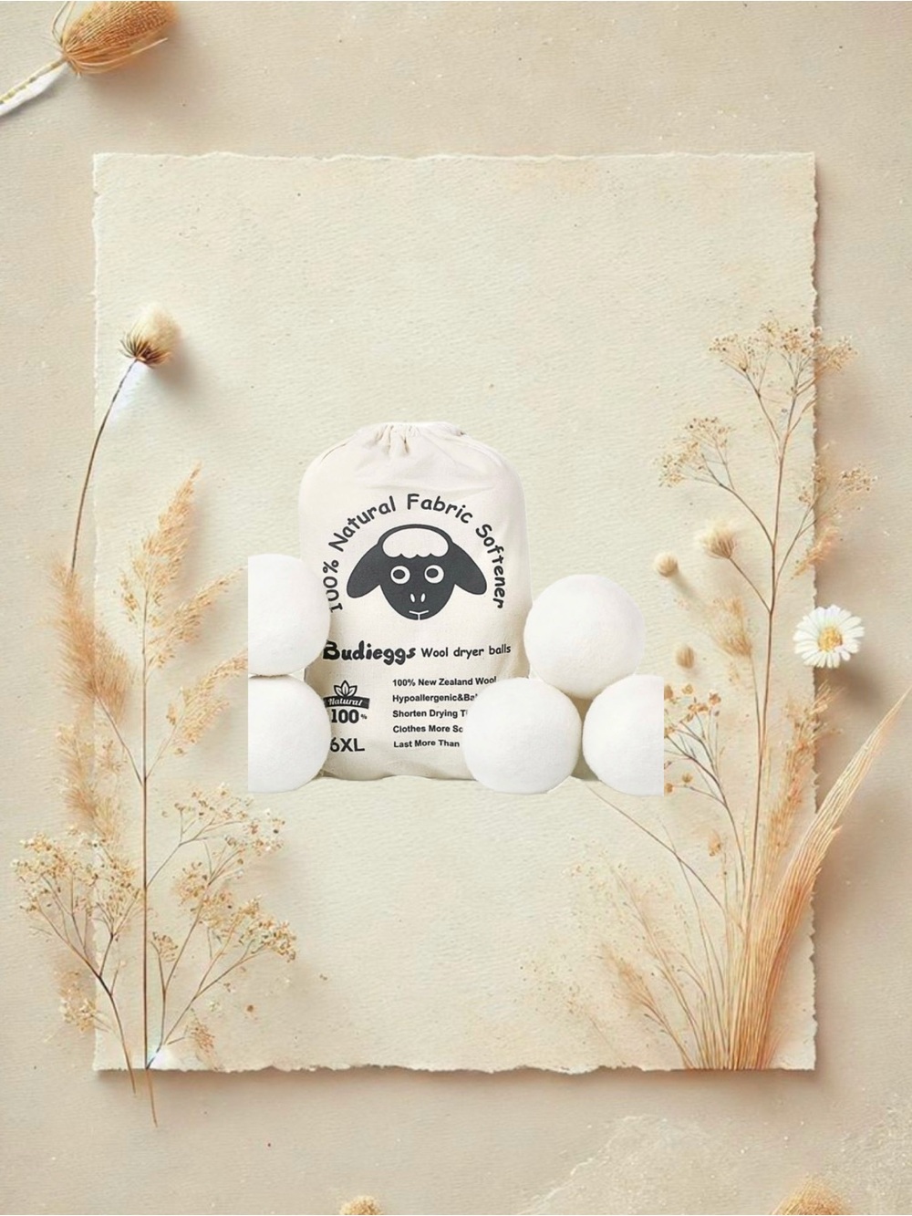 Budieggs 100% Natural Fabric Softener Wool Dryer Balls